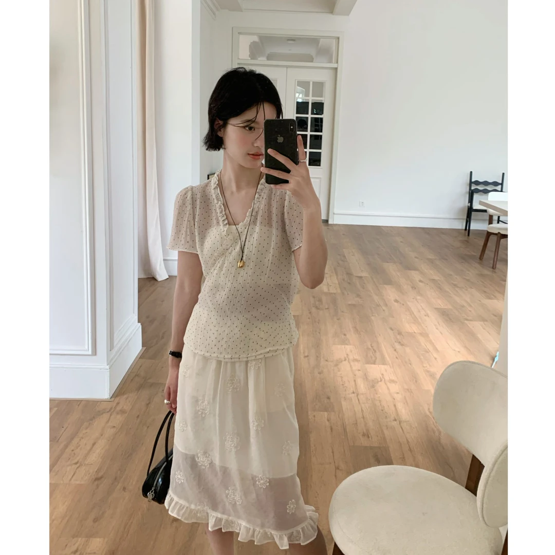 十三行OLIVE-夏季福秒木耳边设计V领收腰上衣#2645