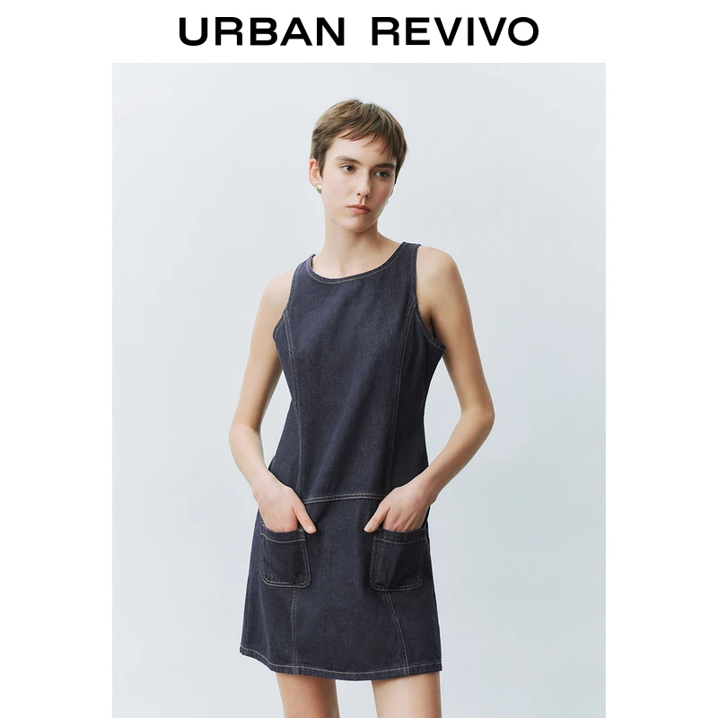 UR2025春季新款女通勤撞色明线口袋无袖牛仔连衣裙UYU850003