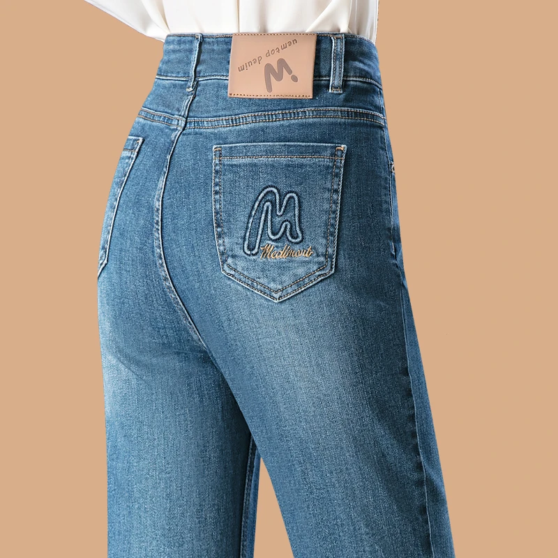 2025春秋季新款牛仔裤女士高腰大码胖mm弹力直筒裤中老年妈妈裤子