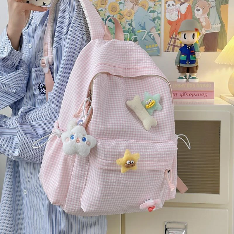 小清新格子书包女大学生初中高中生可爱少女心百搭旅行双肩电脑背
