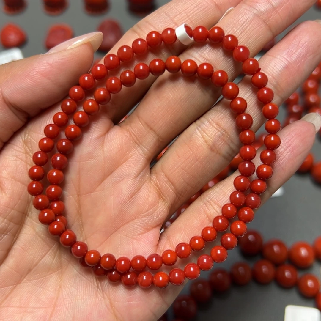 南红玛瑙未镶嵌手串 玫瑰锦红 约4.6mm 高阶色