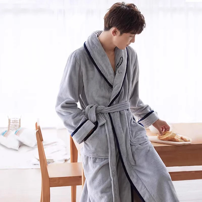 睡袍男秋冬款中长款法兰绒加绒加厚睡衣保暖浴衣珊瑚绒家居服浴袍