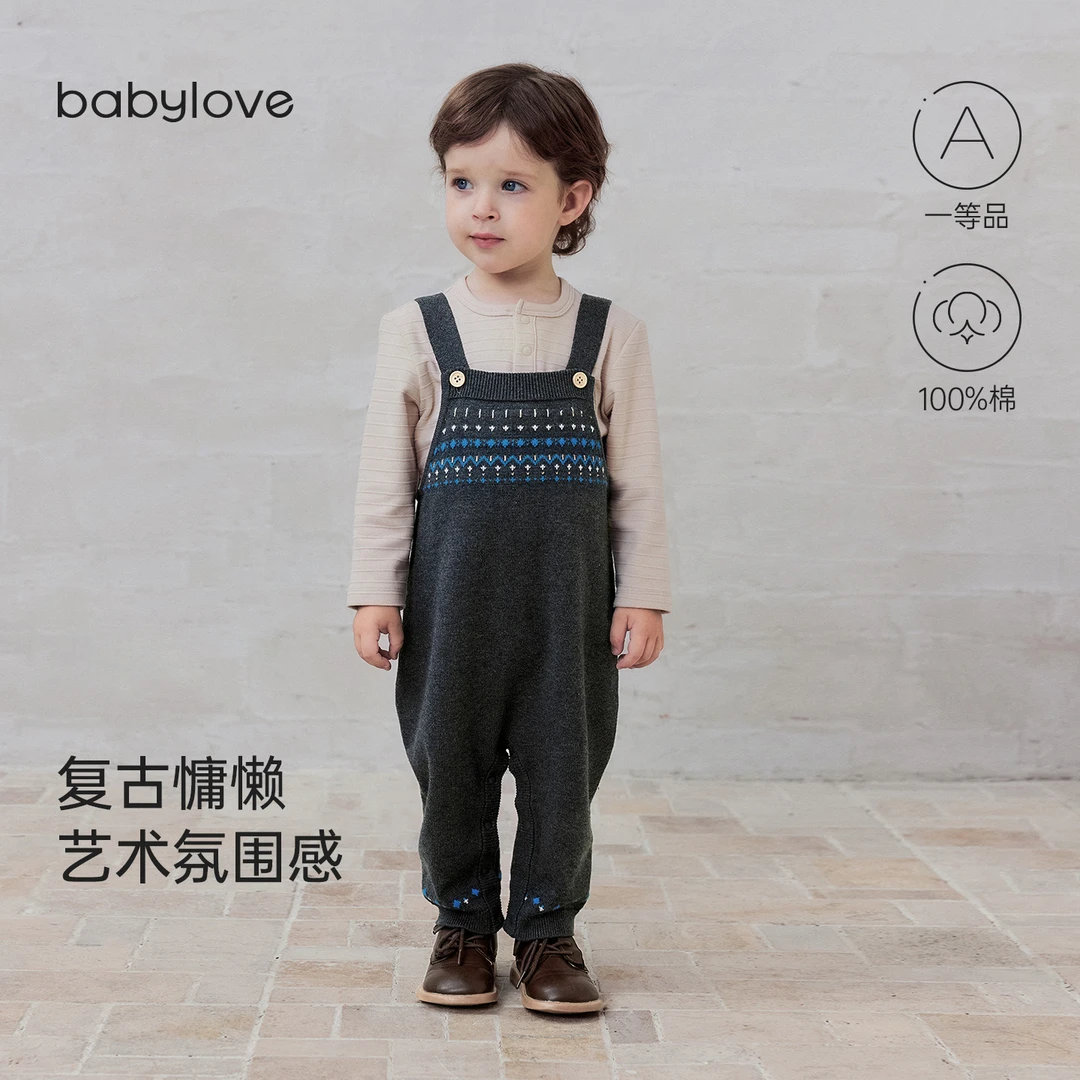 babylove婴儿毛线背带裤秋冬纯棉保暖外出针织裤宝宝百搭休闲长裤