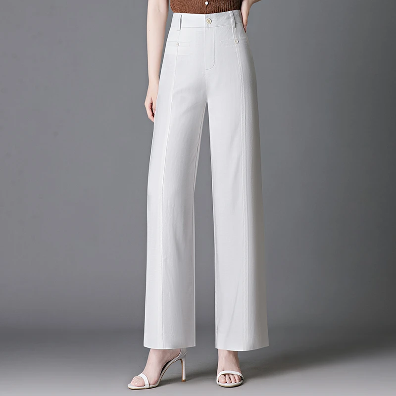 正品亚麻阔腿裤夏季薄款女裤2025新款高腰宽松垂感棉麻休闲直筒裤