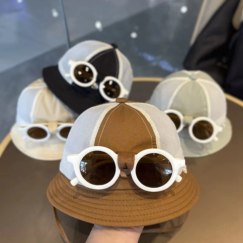 婴儿墨镜帽子夏季纯棉网眼渔夫帽遮阳防晒男宝宝帅气盆帽8-24个月