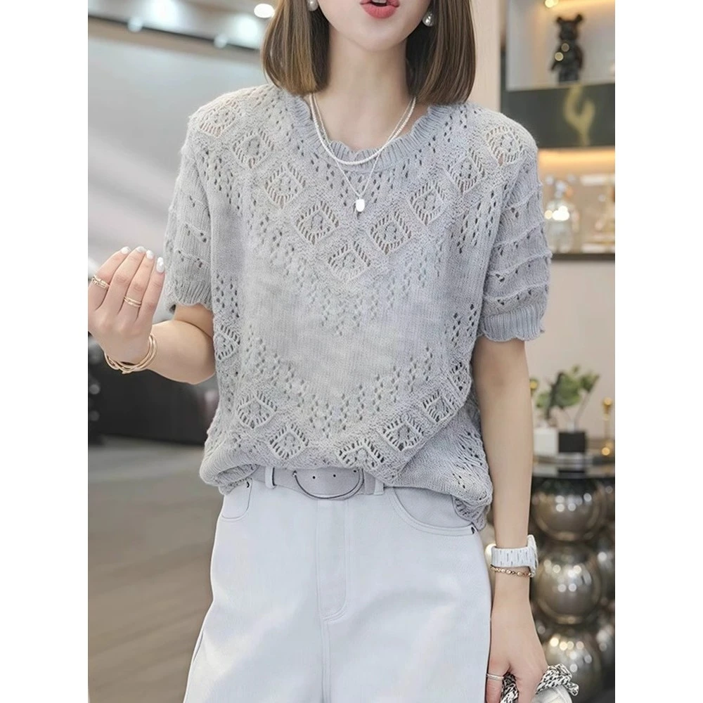 法式时尚气质设计感镂空针织衫2025夏季纯色简约百搭套头上衣女装