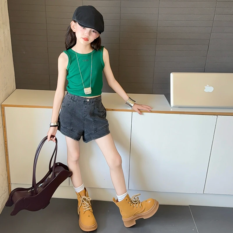 女童夏季牛仔短裤套装2025新款女大童网红背心休闲裤两件套夏装潮