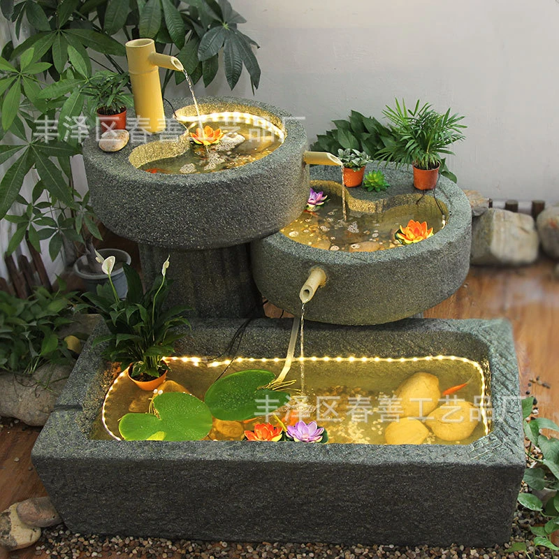 新中式田园石磨流水室内阳台养鱼石槽流水摆件风水吉利摆件