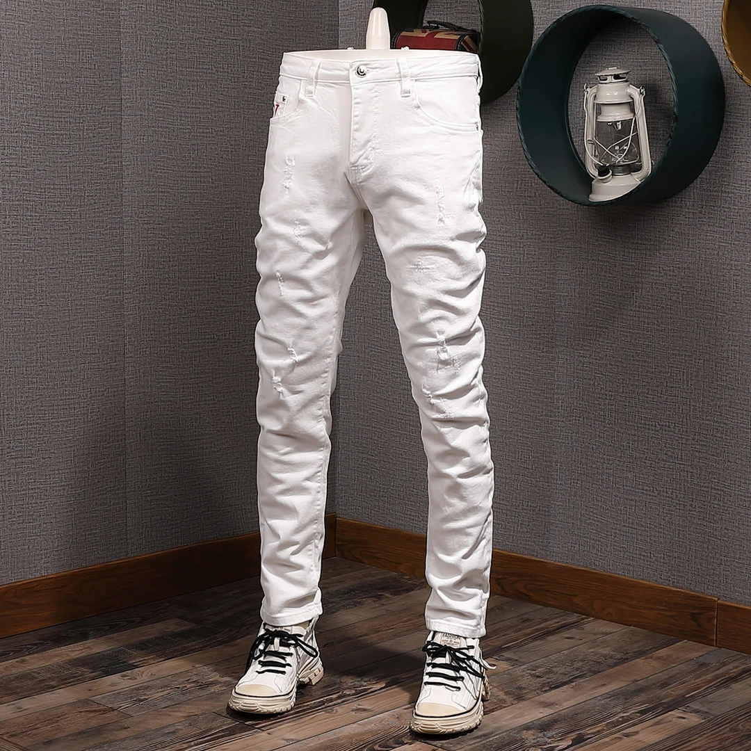 MR.25新款纯白色牛仔裤男款破洞补丁高个子弹力休闲修身小脚裤