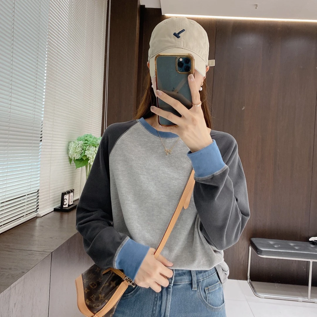 IMFLY金小金自制女装 T恤DYW8679春季宽松撞色圆领打底衫上衣