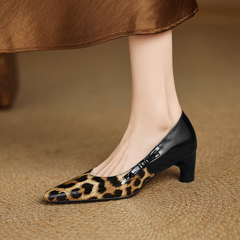 5cm欧美豹纹粗跟高跟鞋百搭设计感拼接女鞋春秋真皮时尚中跟单鞋