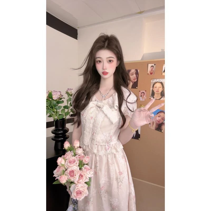 甜美粉碎花浪漫少女甜系套装长裙2025夏季新品