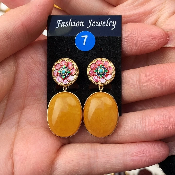 蜜蜡耳饰银S925镶嵌耳饰