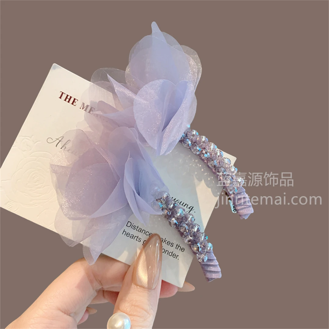 韩版紫色网纱花朵发夹精致满钻侧边夹小众设计感弧形刘海夹发卡女