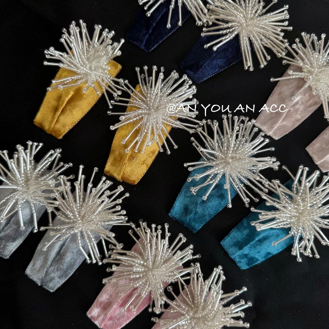 烟花串珠发夹～【实拍】千金感高端丝绒粉色复古边夹女设计感bb夹