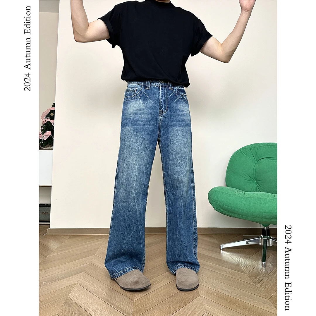 爆裂蓝牛/Cleanfit重磅闪电水波纹蓝色水洗牛仔裤宽松阔腿直筒裤