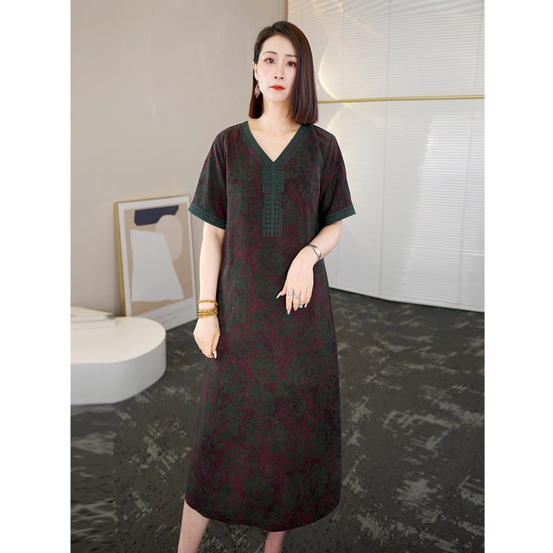 2025夏季时尚浪漫大牌杭州真丝连衣裙女气质妈妈香云纱桑蚕丝裙子