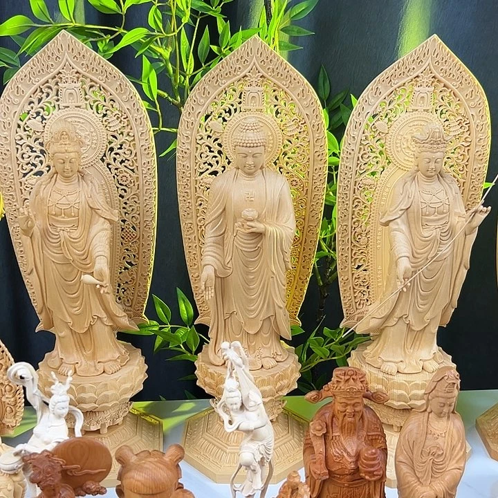 桧木随**事西方三圣45cm一套摆件