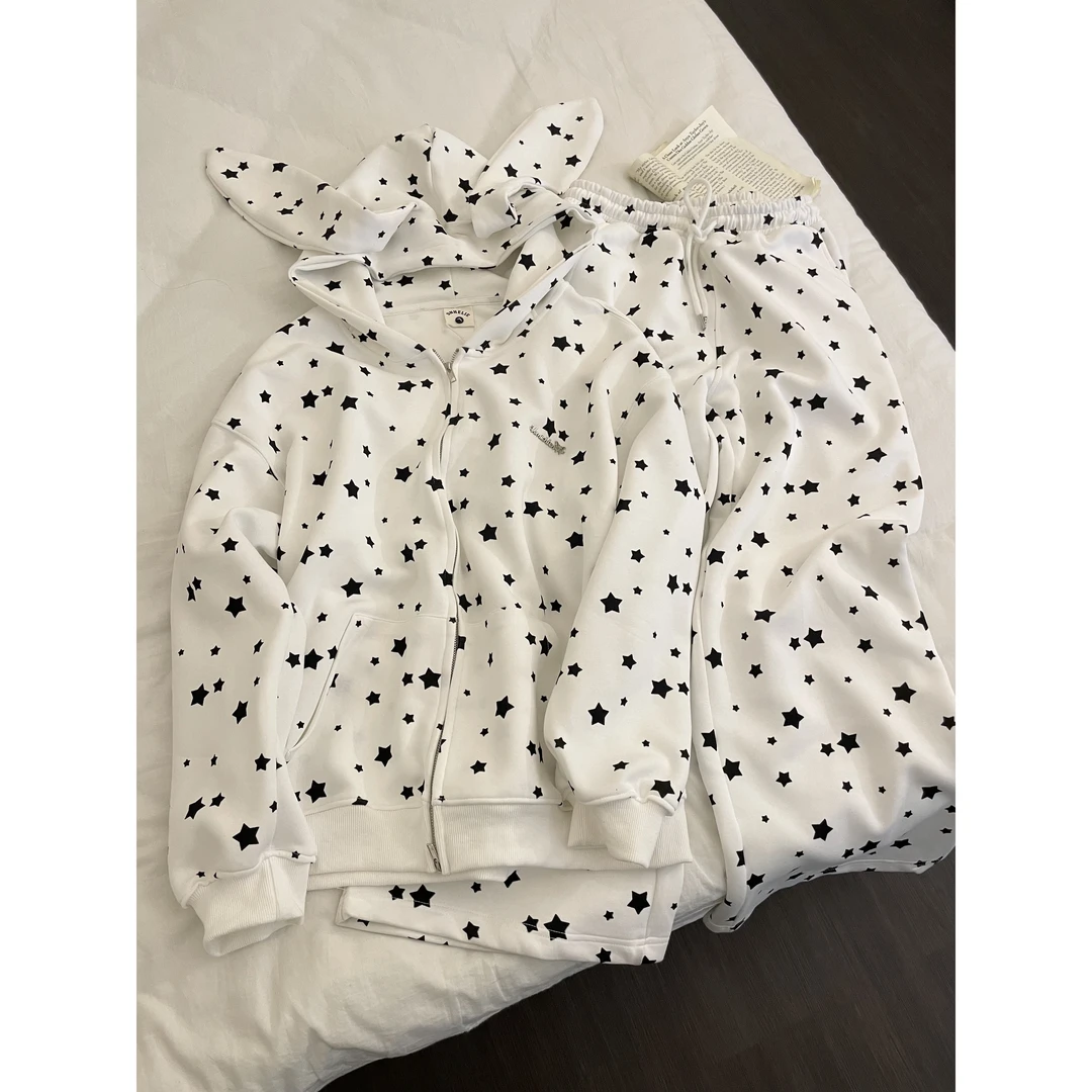 甜美星星印花兔耳朵连帽睡衣女春秋2025新款长袖长裤家居服可外穿