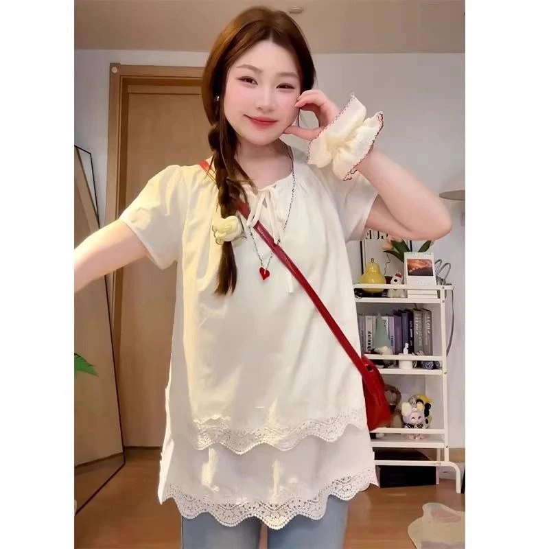 大码新款2025年短袖t恤女夏季新款设计感小众显瘦遮肉圆领上衣ins