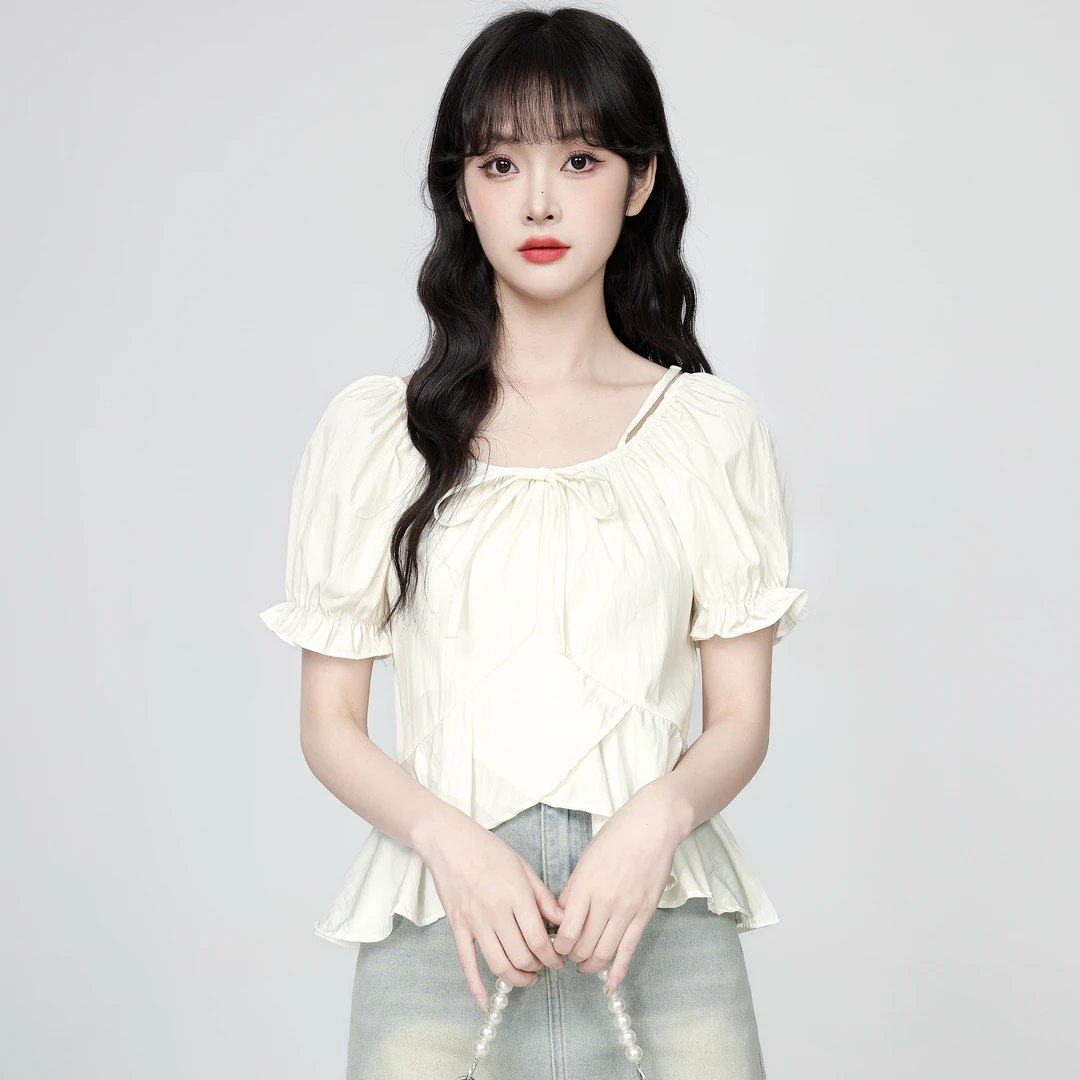 法式杏色不规则短袖衬衫女夏2025夏季新款荷叶边泡泡袖衬衣短上衣