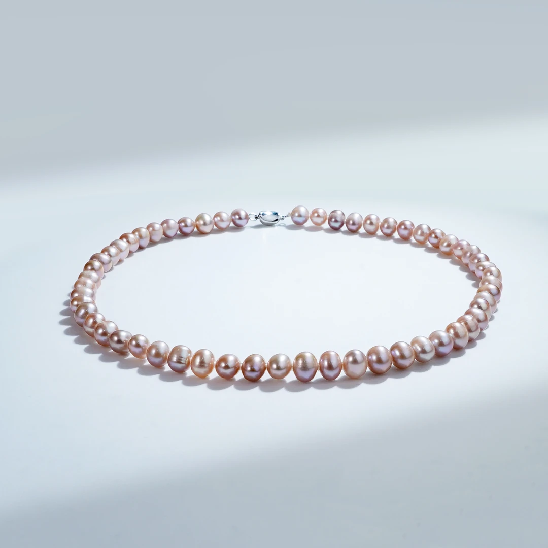 7-8mm紫锦G43-Z-45 无核S925银淡水珍珠项链粉紫色