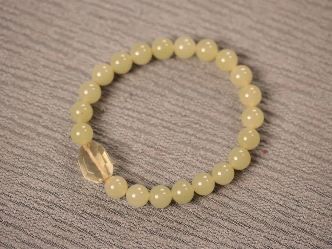 和田玉黄口料8mm单圈手串【顶珠：水晶】