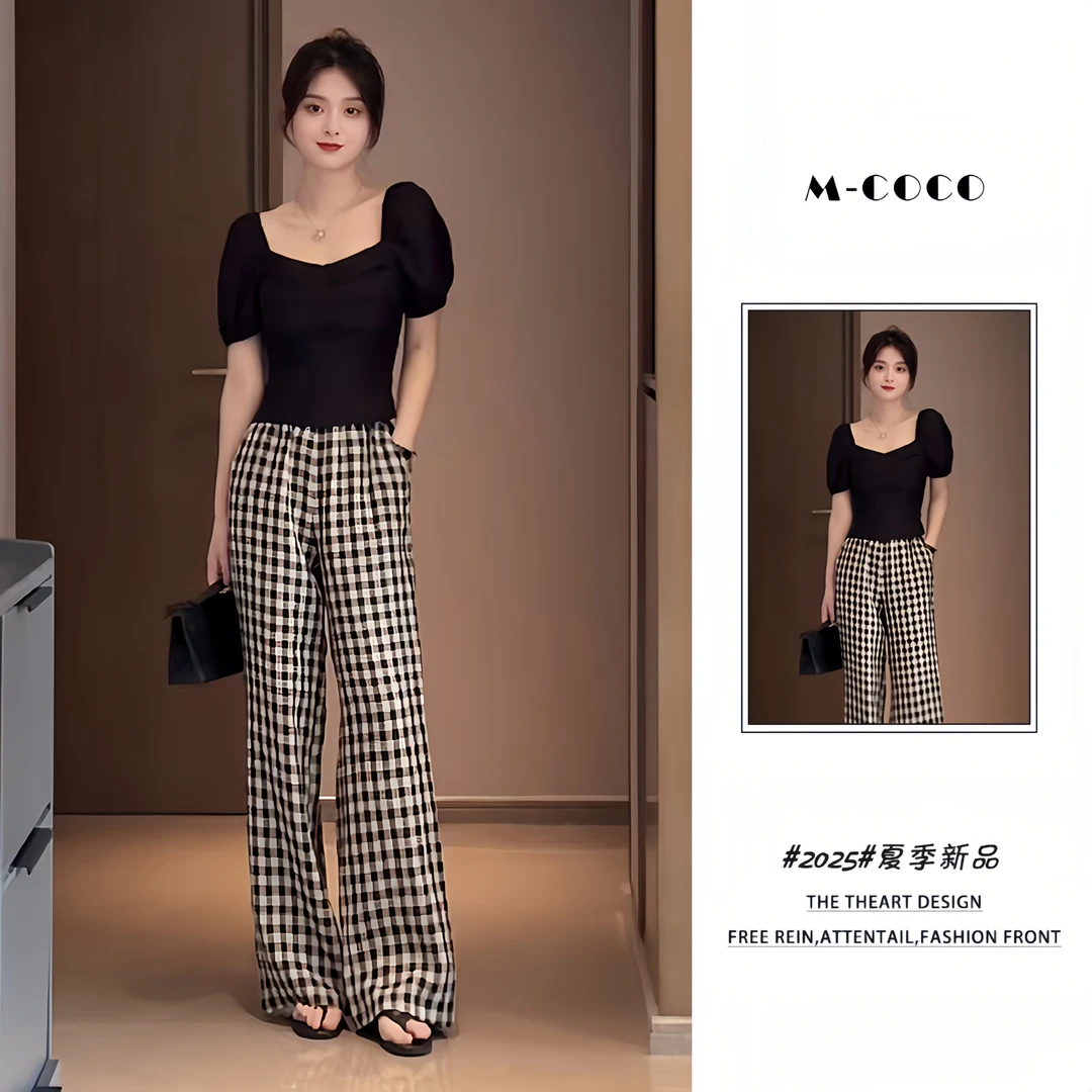 韩系穿搭一整套2025夏季新款气质方领短袖上衣松紧腰格子裤两件套