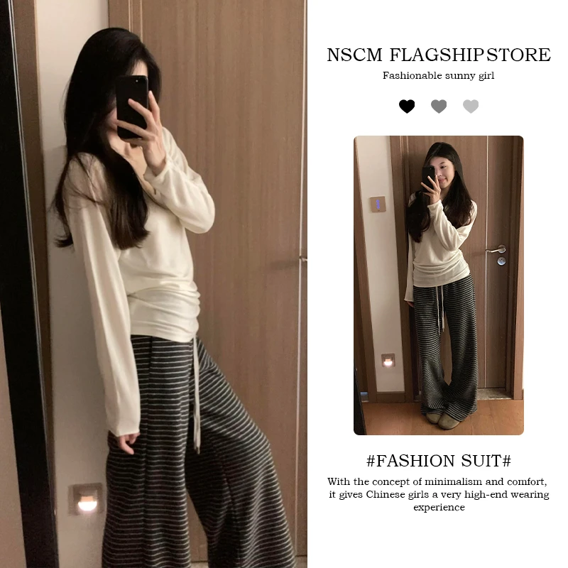 NSCM早秋新款纯欲慵懒风女装白色v领宽松显瘦长袖T恤高腰阔腿裤