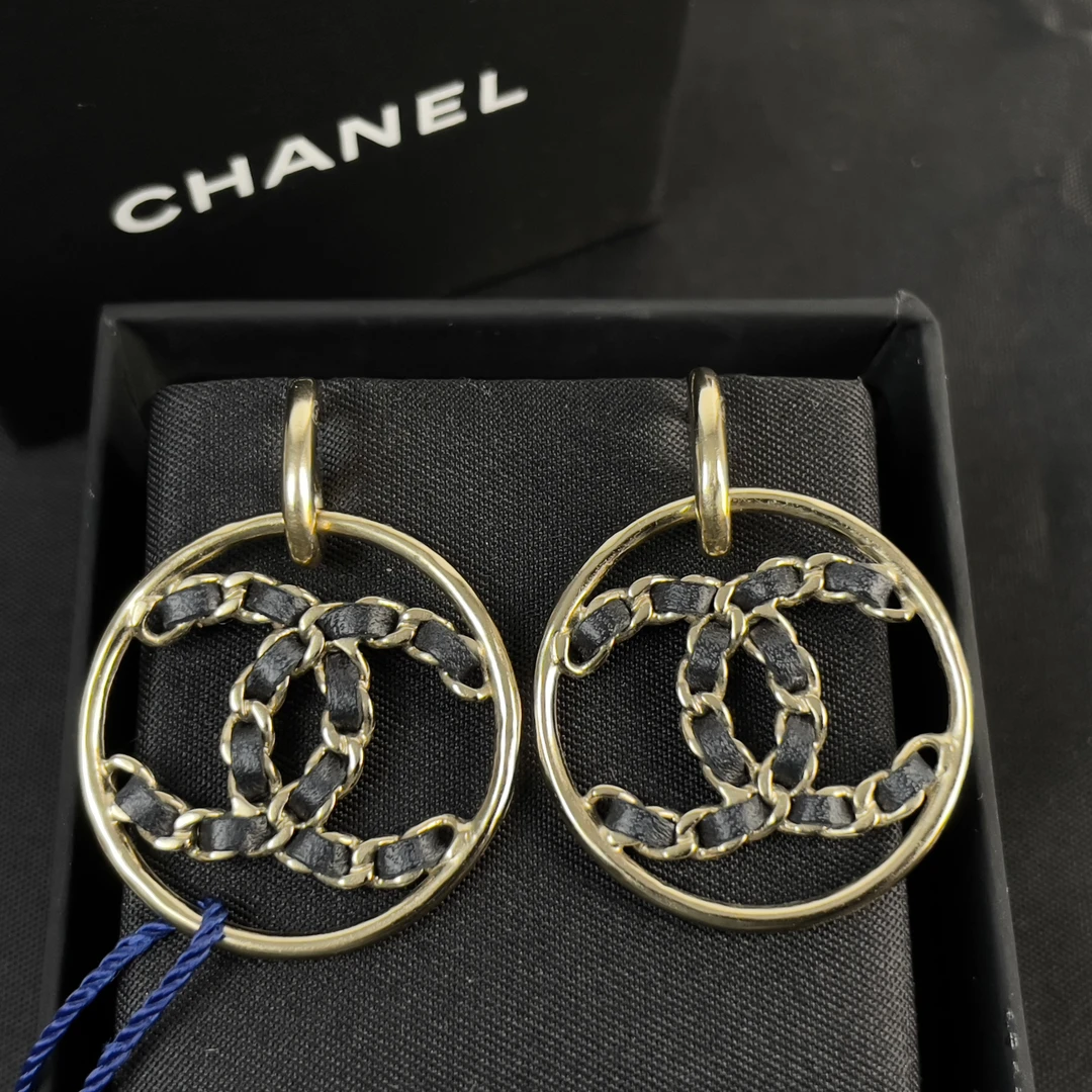 99新 Chanel/香奈儿 皮穿双C圆环耳环/香选