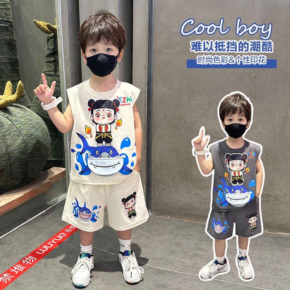儿童哪吒衣服男童夏装无袖套装2025新款宝宝夏季酷帅洋气短裤背心