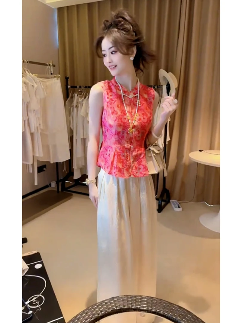 夏季清冷贵气感穿搭轻奢高级感超火新中式禅意国风提花马甲套装裤