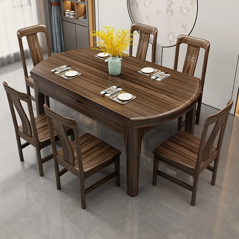 新中式乌金木全实木餐桌椅组合圆桌折叠可伸缩家用吃饭桌子跳台