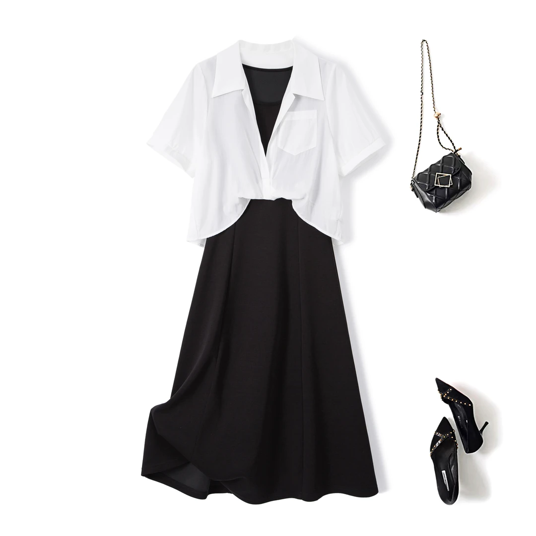 2025夏装新款胖mm大码扭结短袖衬衫内搭吊带裙两件套80088+63366