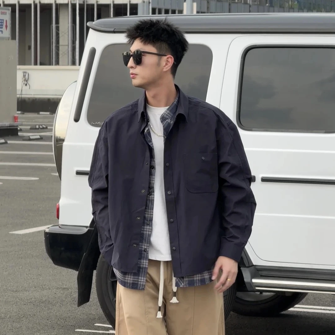 秋季新款高街宽松假两件设计格子衬衫男时尚潮流宽松百搭上衣外套