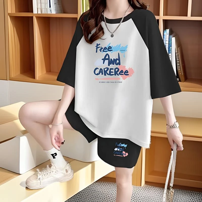 夏季遮肉运动套装女韩版时尚印花宽松显瘦短袖短裤大码休闲两件套