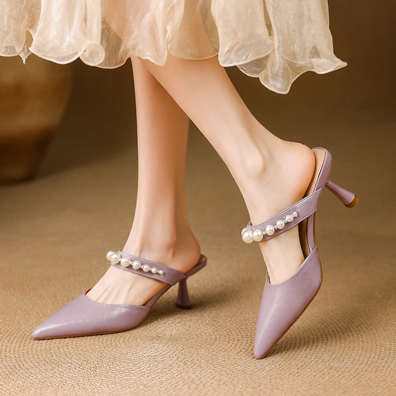 6.5cm法式珍珠细跟半拖鞋紫色尖头外穿凉鞋真皮春夏百搭穆勒鞋女