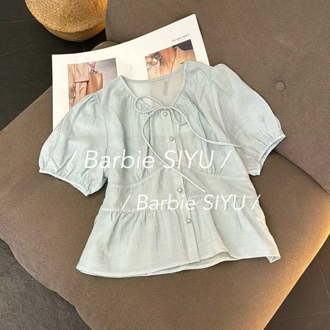Barbie Siyu【有何不可】3766夏季法式大方系带单排扣圆领小衫