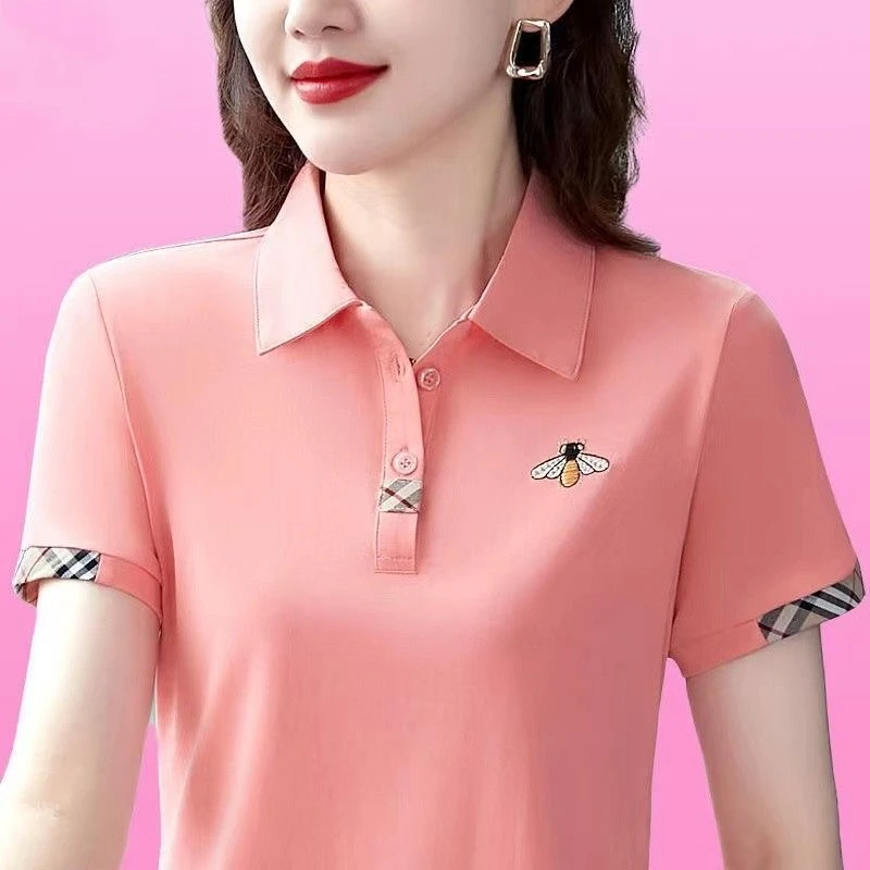 833粉色绣花短袖t恤女夏季POLO衫中年妈妈装翻领运动休闲上衣女