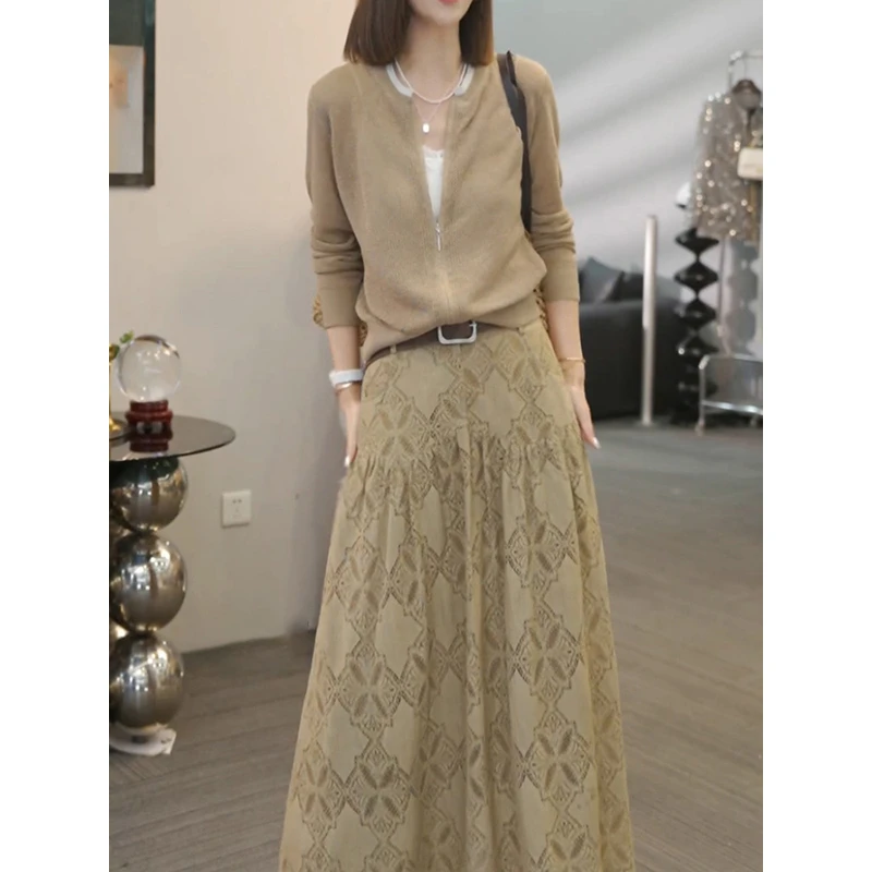 送腰带!时尚洋气裙套装女2025春季新款休闲风百搭针织开衫+半身裙