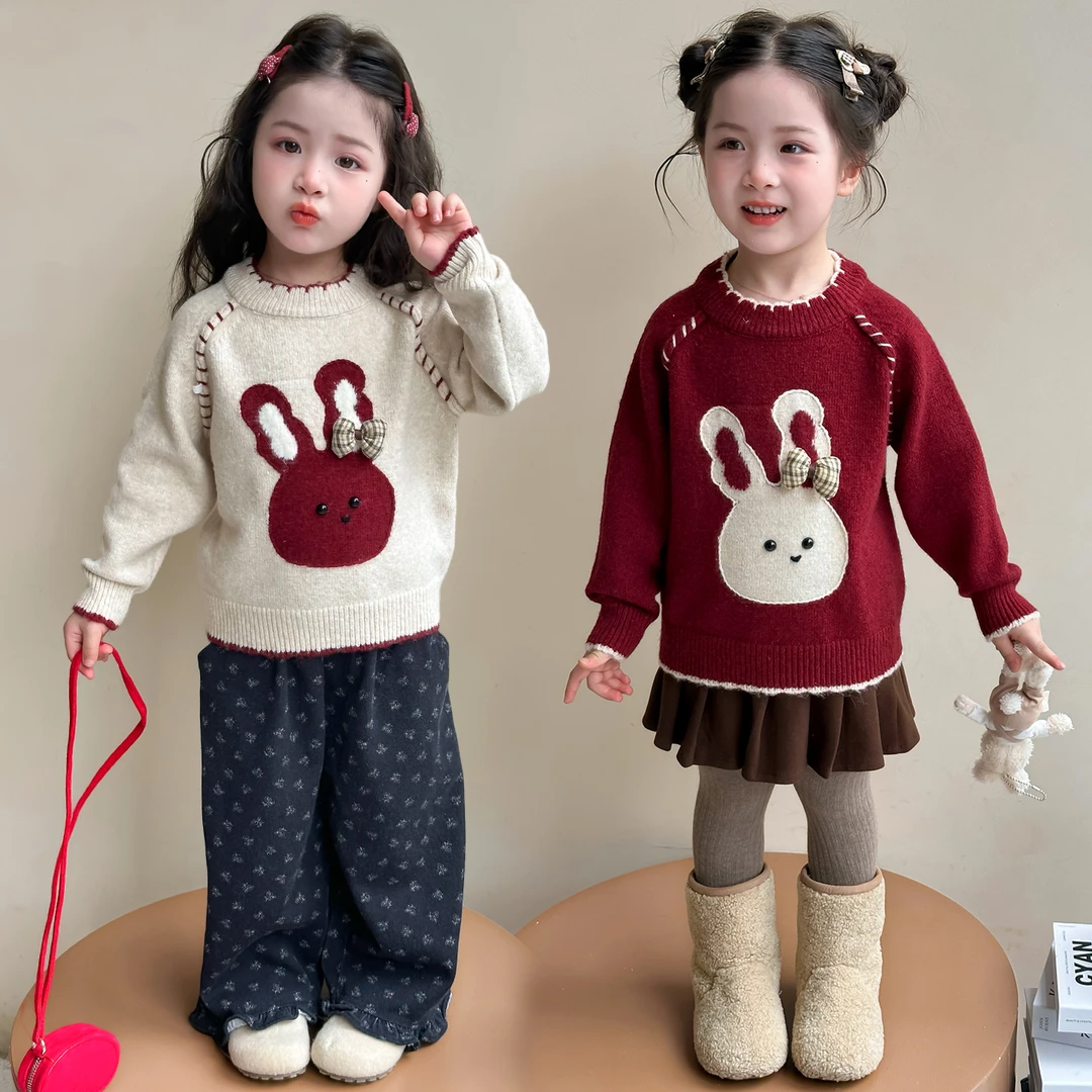 女童卡通兔子毛衣2025秋冬新款洋气加厚圆领针织衫儿童毛线打底衫