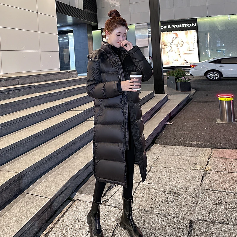 高端90白鸭绒羽绒服女中长款2025新款开叉加厚百搭