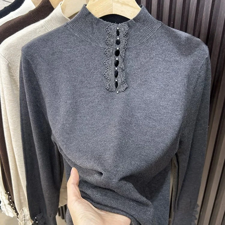 娟儿家半高领镂空针织衫女秋冬韩系宽松显瘦软糯气质内搭上衣