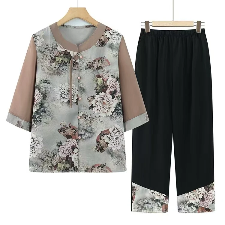 9013-咖啡 妈妈夏季套装老奶奶休闲舒适中式国风两件套（李亚）