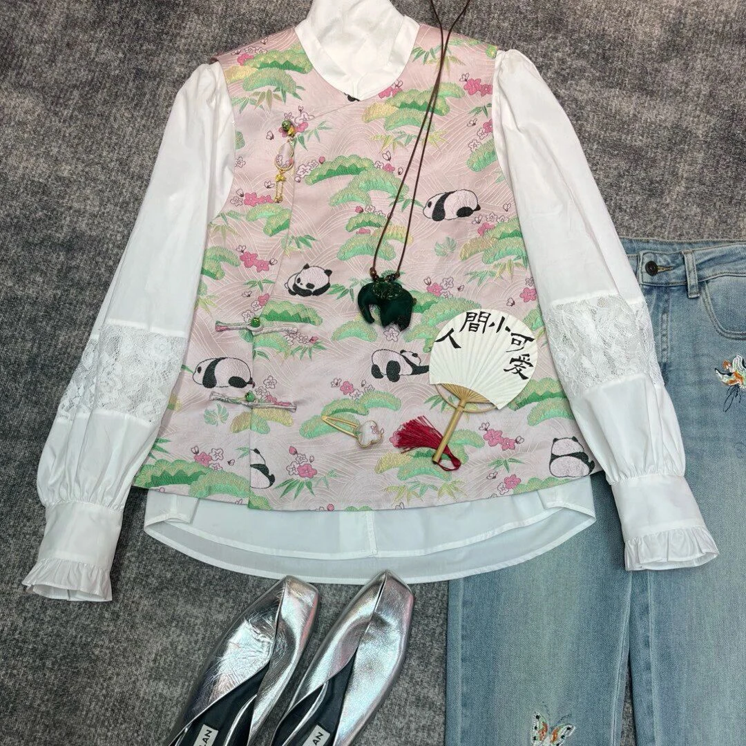 【盼盼】新中式熊猫抱竹马甲国风蕾丝春秋时尚民族风秋季内搭复古