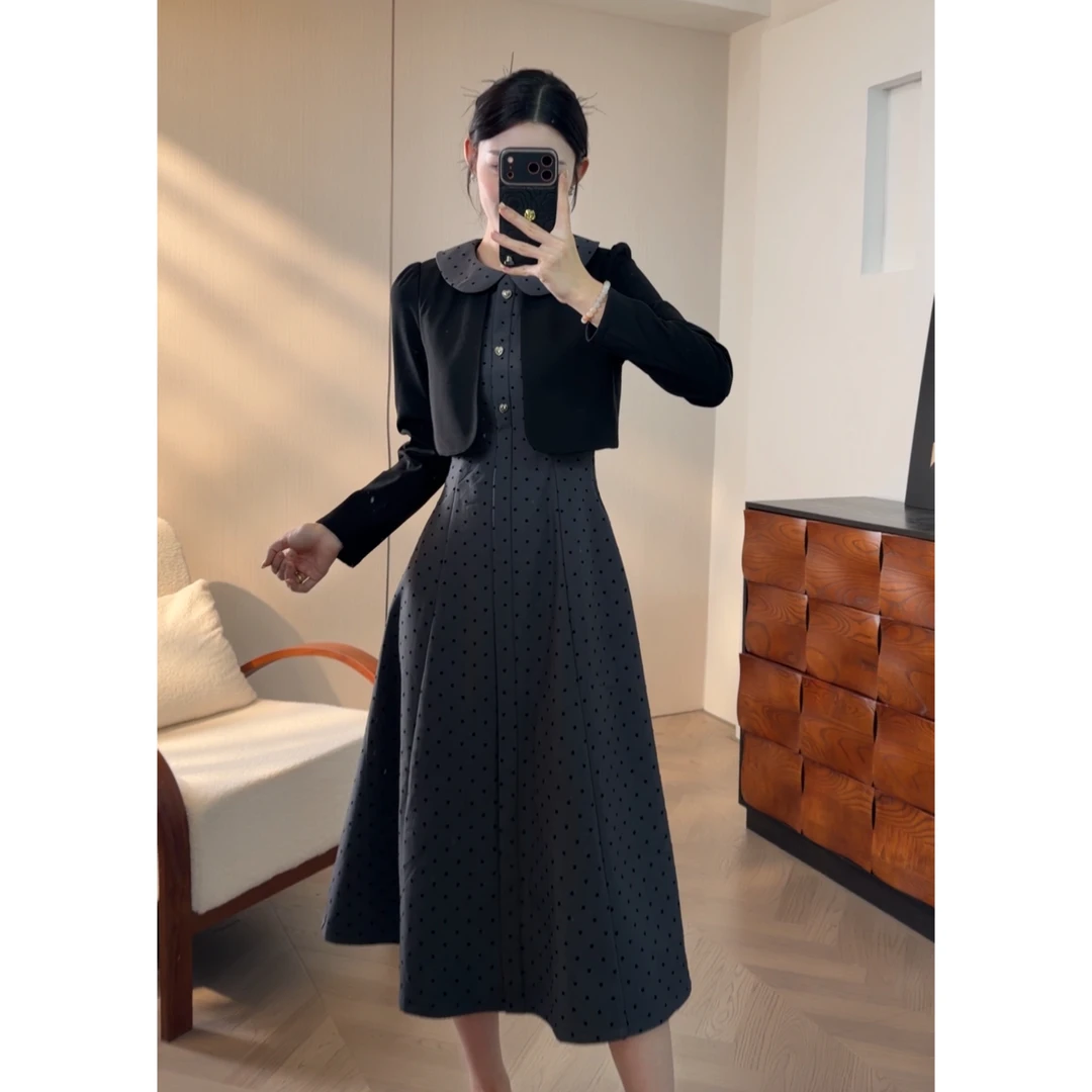 2025年冬季新款polo领波点假两件简约百搭显瘦设计减龄连衣裙C098