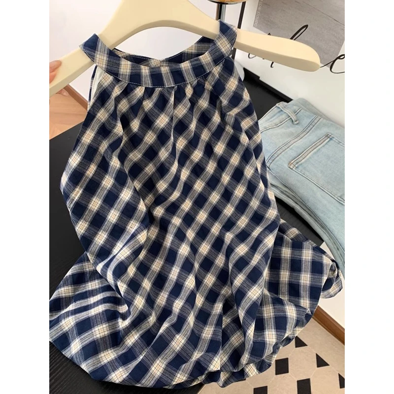 一眼相中的款！巨好看！无袖挂脖格子衬衫女夏季减龄洋气背心上衣新