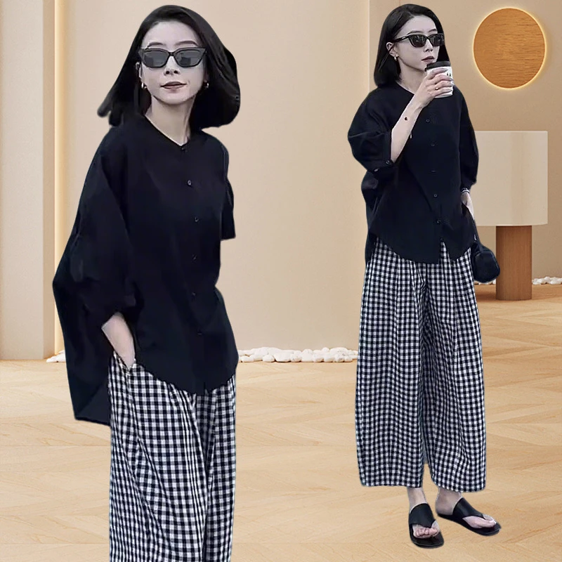 轻奢气场强大女装2025春夏穿搭一衬衫格子阔腿裤时尚休闲两件套女