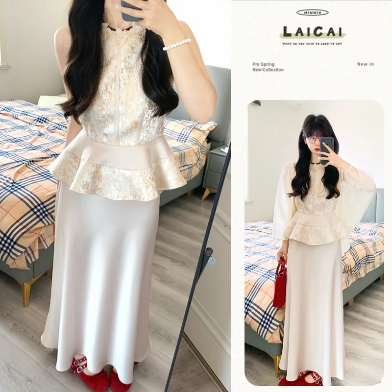 B205+B206新中式夏季套装小众设计印花无袖上衣高腰垂感气质长