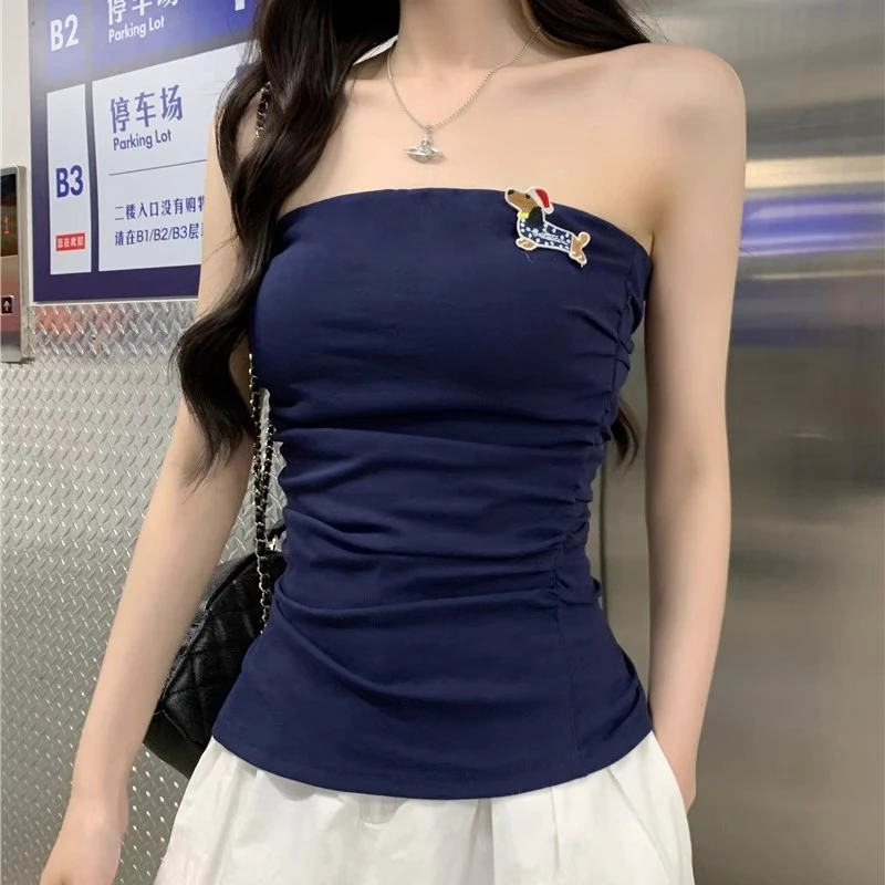 纯欲辣妹风设计感藏蓝色抹胸吊带背心内搭女夏季气质修身外穿上衣